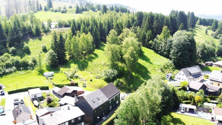 Luftaufnahme eines Dorfes Reihenendhaus Goldisthal